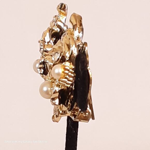 Lisner Earrings Gold Tone Pearly Beads & Rhinestone Flowers Clip Ons - Picture 5 of 11